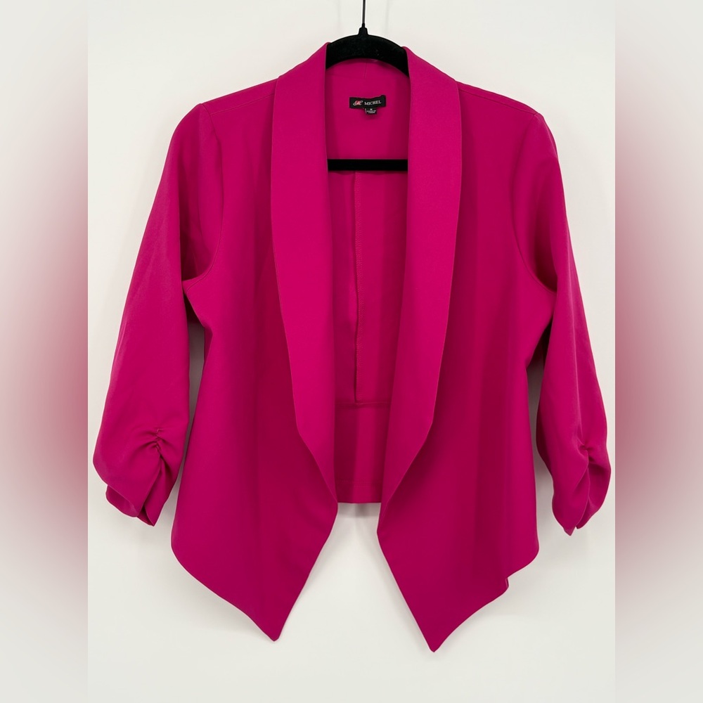 MICHEL Blazer Open Front Vibrant Pink 3/4 Ruched Sleeve Women’s Small